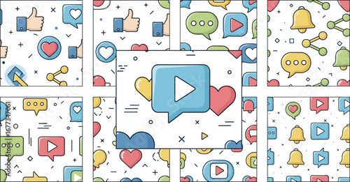 Social media icons and symbols pattern. Communication, sharing, likes, notification and play, online media, modern design, background, networking, community