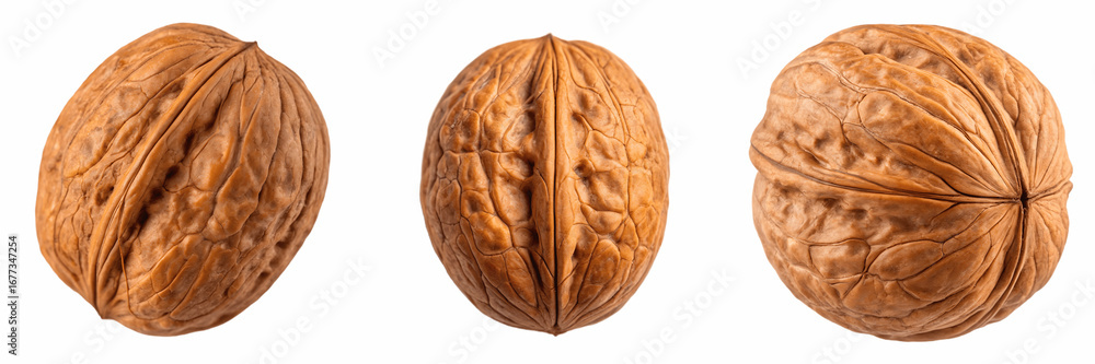 Obraz premium Set For Three walnuts in their shells isolated on transparent background