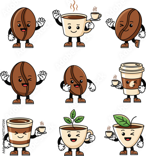 Cartoon coffee beans and cups are shown waving. Coffee shop, cafe, mascot, caffeine, beverage, drink, cute