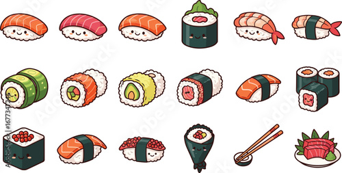 Sushi assortment illustration with cute faces. Food art, japanese cuisine, kawaii, asian, meal, restaurant, delicacy, seafood, nigiri, maki, roll.