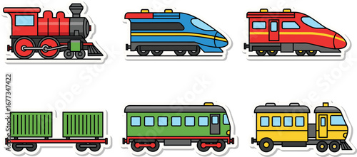 Cartoon trains sticker set on white. Transportation, vehicles, railways, locomotive, rail transport, passenger, travel