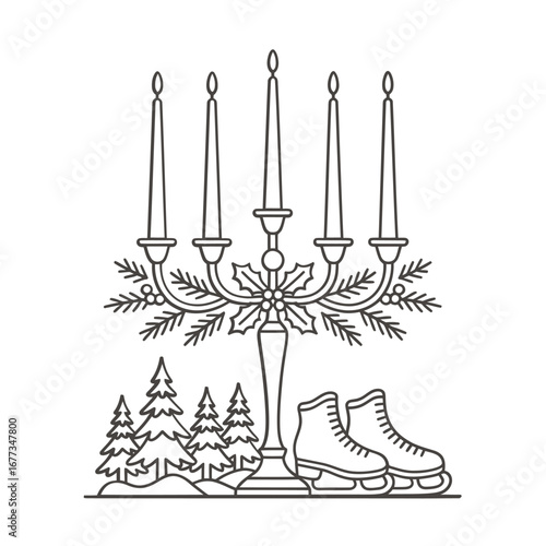 Vintage christmas candelabra with skates and pine trees