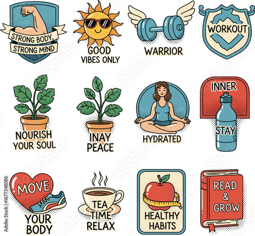 Wellness icons with healthy habits and lifestyle. Positive affirmations, self care, wellbeing, mindfulness, balance, fitness, nutrition, healthy lifestyle.