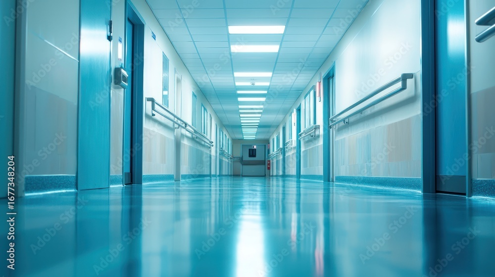 Obraz premium A long, empty hospital hallway with blue lights and doors on both sides.