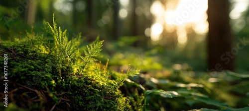 Close-up of ferns and moss illuminated by sunlight in a forest