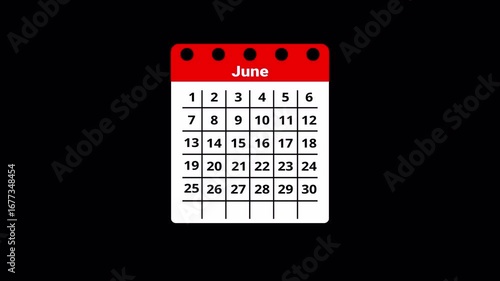 Full year calendar animation  from January to December on a transparent background. 12 months animation through month by month, Calendar animation of year with alpha channel in 4k. 