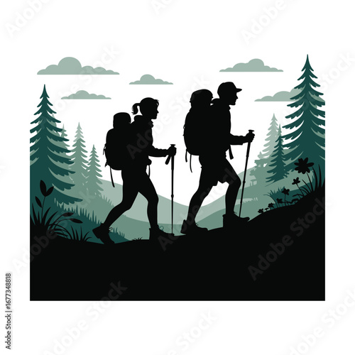 Hiking Adventure Silhouette Illustration with Couple Trekking Through Mountain Landscape