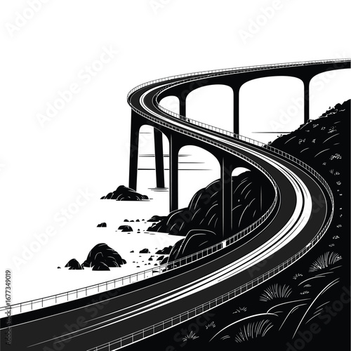 Dramatic black and white image of a winding elevated highway overlooking the ocean