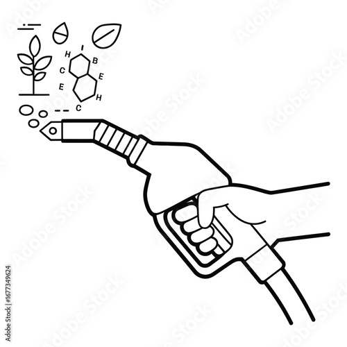 Hand holding a fuel nozzle with plant and molecular symbols representing biofuel