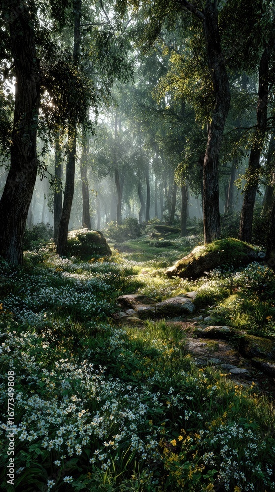 Obraz premium Sunlight filtering through a misty forest path