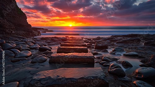 Coastal sunset view, stone steps leading to the horizon.