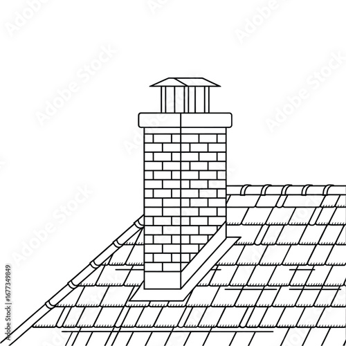 Architectural drawing of a brick chimney on a tiled roof