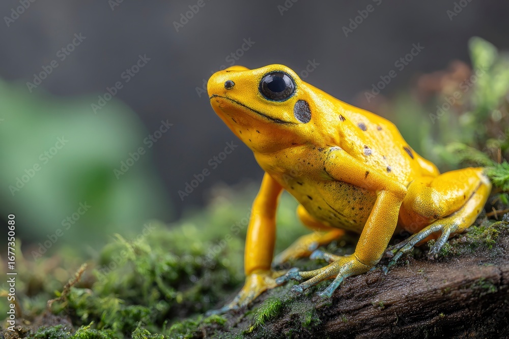Naklejka premium A bright yellow frog with black spots rests on mosscovered bark