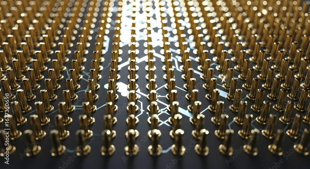 Fototapeta premium Close-up view of a densely packed array of golden pins on a dark surface, highlighting intricate electronic components.