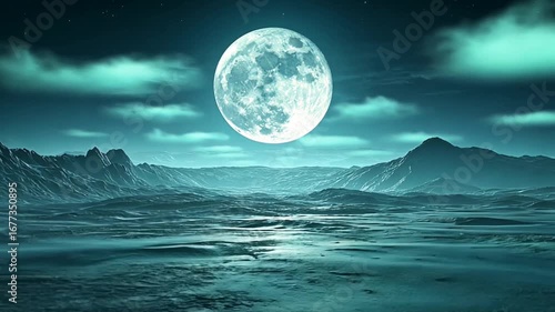 A luminous full moon illuminates a serene landscape with mountains and clouds.