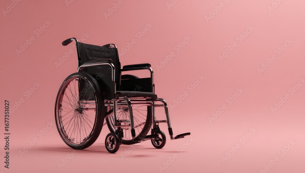 Fototapeta premium Black Wheelchair on Pink Background - Accessibility and Disability Awareness.