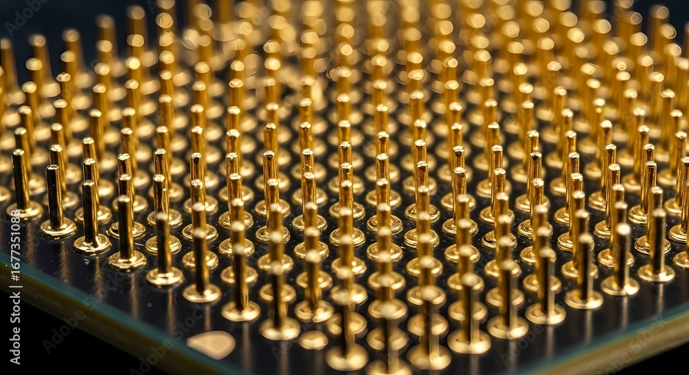 Obraz premium Close-up view of the golden pins on the underside of a computer processor chip, highlighting its intricate design and technological complexity.