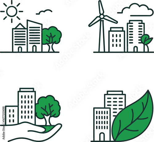 Conceptual symbols depicting sustainable urban development, renewable energy sources like wind turbines, and green initiatives fostering environmentally conscious city living and eco-friendly growth