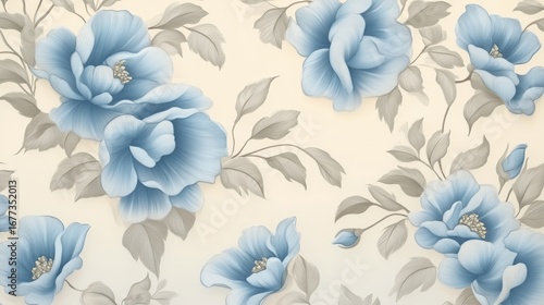 Floral wallpaper with blue roses and grey leaves