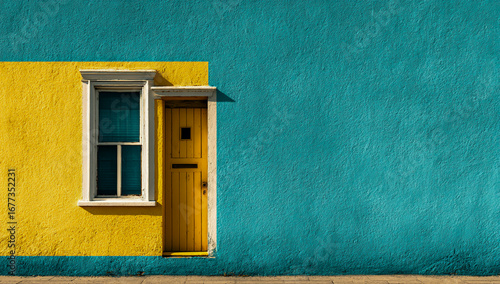 Vibrant teal wall meets sunny yellow building with open window and wooden door
