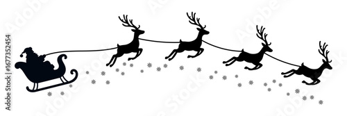 Vector Christmas black and white illustration with Santa Claus riding his sleigh pulled by reindeers.