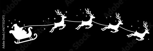 Vector Christmas black and white illustration with Santa Claus riding his sleigh pulled by reindeers.