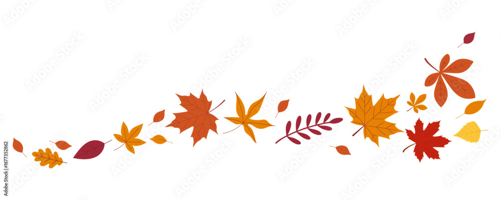 Obraz premium Autumn leaf border. Wave of falling leaves. Leaf fall. Autumn flying leaves. Watercolor leaves in the wind. Autumn leaves seamless border.