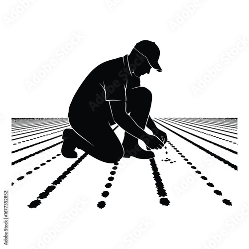 Silhouette of a farmer planting seeds in a field vector illustration
