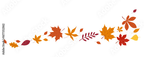 Autumn leaf border. Wave of falling leaves. Leaf fall. Autumn flying leaves. Watercolor leaves in the wind. Autumn leaves seamless border.