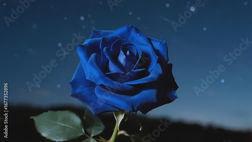 A vibrant blue rose in full bloom against a starry night sky backdrop.