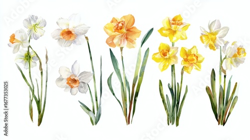 Wallpaper Mural A collection of watercolor daffodils in various colors including white, yellow, and orange, with green stems and leaves Torontodigital.ca