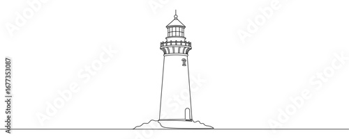 Line drawing of lighthouse tower. Simple illustration of castle hill tower, sea coast line art vector illustration Editable stroke
