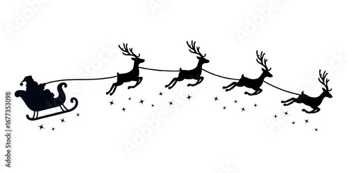 Vector Christmas black and white illustration with Santa Claus riding his sleigh pulled by reindeers.
