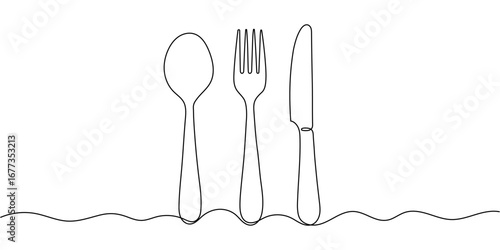 Continuous One Line Drawing. Spoons, Forks, Knife, Eating Utensils. Cooking Utensils Line Art Style for Logos, Business Cards, Banners. Editable stroke