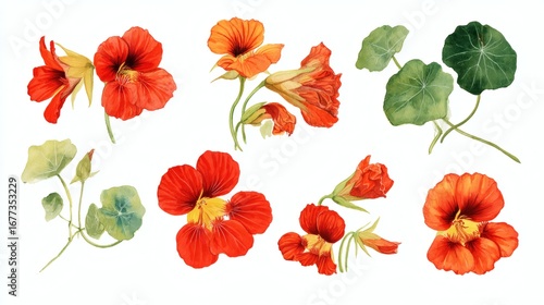 A collection of vibrant red and orange nasturtium flowers and leaves, showcasing various arrangements and perspectives