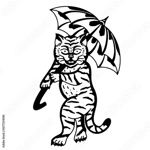 Whimsical tiger character strolling with umbrella illustration, originally vector art for creative projects
