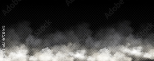 Fog, smoke, white smog clouds on the floor, morning fog over the ground or water surface, perspective. Created by Grid toll, transparent Realistic 3D vector.