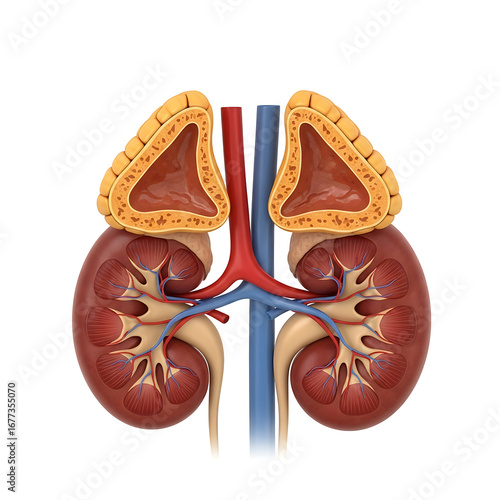 Detailed 3D rendering illustration of human kidneys and adrenal glands anatomy