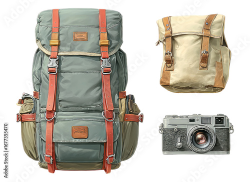 Vintage Style Backpack and Camera Illustration with Isolated Objects