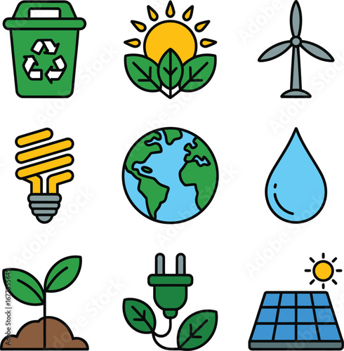 Collection of flat design symbols illustrating key themes of ecology, sustainability, and renewable energy, including recycling, solar panels, and wind turbines.