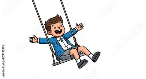 Happy boy swinging on a swing with arms open, enjoying the fun.