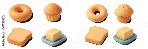 Delightful assortment of baked goods and butter pieces in pastel colors on a simple background