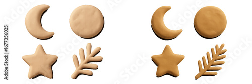 Decorative shapes made from dough include moons, stars, circles, and leaves ideal for crafting projects during holidays