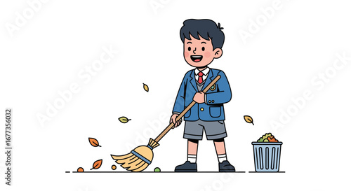 A young boy in school uniform is sweeping leaves into a trash bin with a broom.