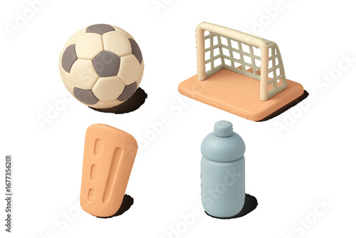 Colorful sports equipment arranged with a soccer ball, goal, water bottle, and shin guard on a light background