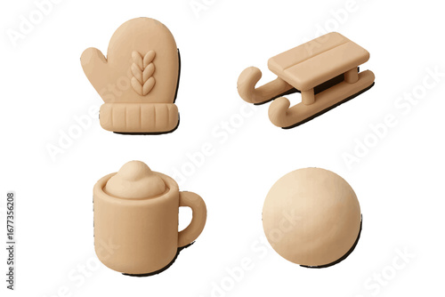 Creative clay shapes showcasing winter activities and cozy elements made from soft, moldable material