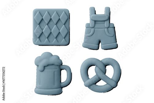 Festive baking items including shorts, pretzel, beer mug, and waffle design in a playful blue color