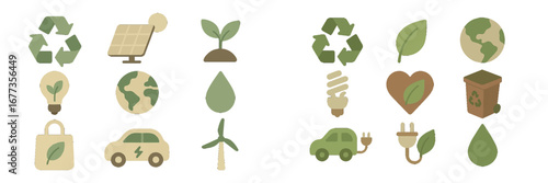 Sustainable symbols depicting eco-friendly practices in a minimalist design with green colors and nature elements