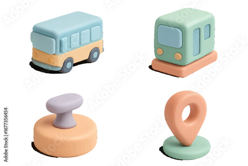 Colorful transportation-themed toy figures arranged on a white surface showcasing a bus, train, stamp, and location marker