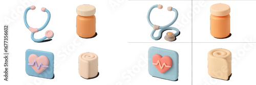 Colorful medical themed clay models showcasing healthcare tools like stethoscopes, pills, and heart symbols arranged on a white background